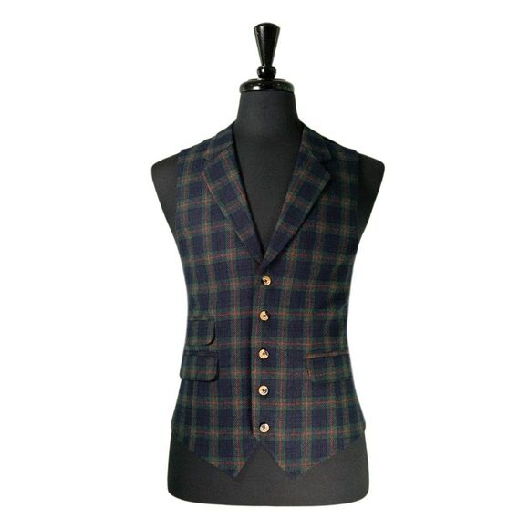 Mens 42R Wool Vest Navy Green Red Tartan Plaid Waistcoat Formal Wedding Party - Picture 1 of 10